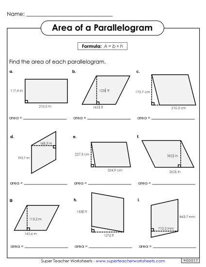 Level: Advanced Decimal & Fraction Measurements - Areas of Parallelograms Practice (Advanced) (Printable PDF Worksheet)