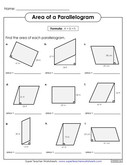 Level: Intermediate Double-Digit Measurements - Areas of Parallelograms Practice (Intermediate) (Printable PDF Worksheet)