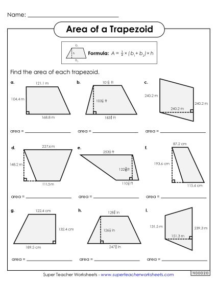 Level: Advanced Includes Decimals & Fractions - Areas of Trapezoids Practice (Advanced) (Printable PDF Worksheet)