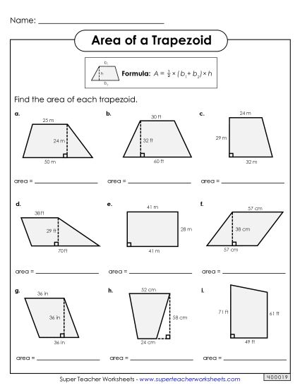 Level: Intermediate 2-Digit Measurements - Areas of Trapezoids Practice (Intermediate) (Printable PDF Worksheet)