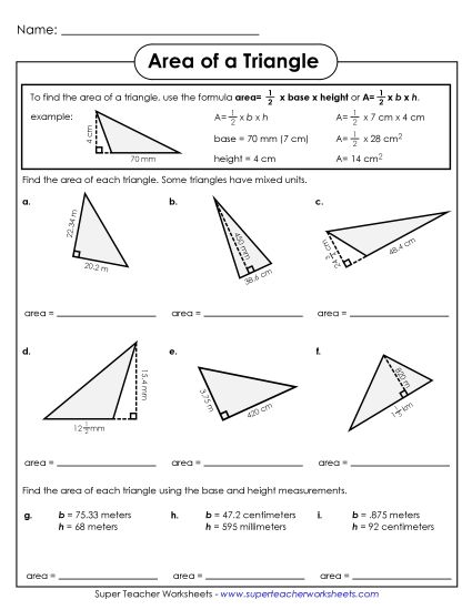 Level: Advanced Fractions, Decimals, & Mixed Units - Areas of Triangles #1 (Advanced) (Printable PDF Worksheet)