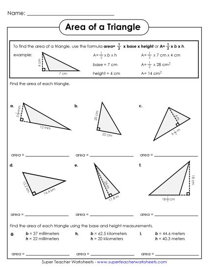 Level: Intermediate Fraction & Decimal Measurements - Areas of Triangles #1  (Intermediate) (Printable PDF Worksheet)