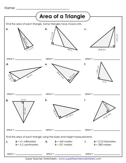 Level: Advanced Fractions, Decimals, & Mixed Units - Areas of Triangles #2 (Advanced) (Printable PDF Worksheet)
