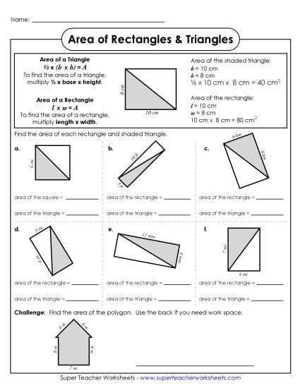 Level: Basic Single-Digit Measurements - Areas of Triangles and Rectangles (Basic) (Printable PDF Worksheet)