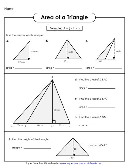 Level: Intermediate Fraction & Decimal Measurements - Areas of Triangles Practice (Intermediate) (Printable PDF Worksheet)