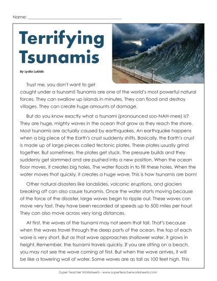 Article about Tsunamis (Printable PDF Worksheet)