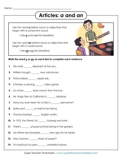 Basic Level - Article Sentences: A and An (Printable PDF Worksheet)