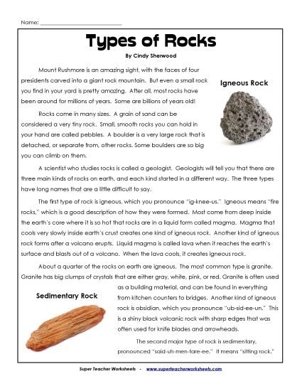 Rocks and Minerals - Article: Types of Rocks  (Printable PDF Worksheet)