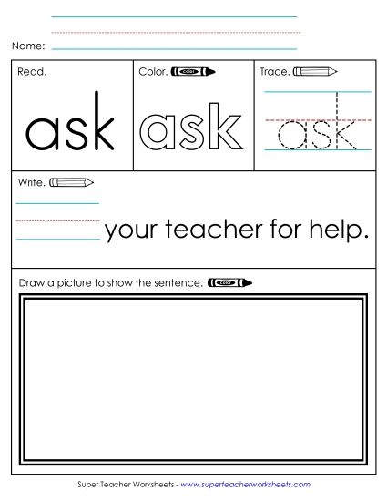 Individual Sight Words - Ask (Sight Word) (Printable PDF Worksheet)