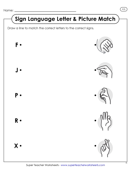 Letter Matching Worksheets - ASL Letter-Picture Match 3 (Printable PDF Worksheet)