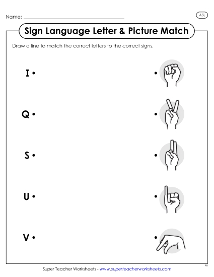 Letter Matching Worksheets - ASL Letter-Picture Match 5 (Printable PDF Worksheet)