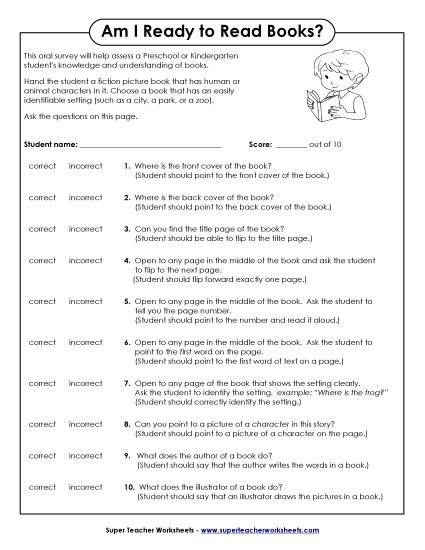 Kindergarten Reading Assessment - Assessment:  Am I Ready for Books? (Printable PDF Worksheet)