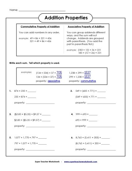 Intermediate - Assoc. & Comm. Properties - Intermediate (Printable PDF Worksheet)