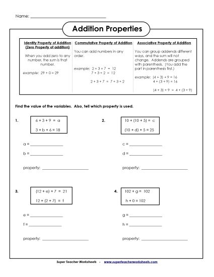 Basic - Assoc., Identity, & Comm. Props. (Printable PDF Worksheet)