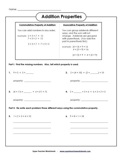 Basic - Associative & Commutative Properties (Printable PDF Worksheet)