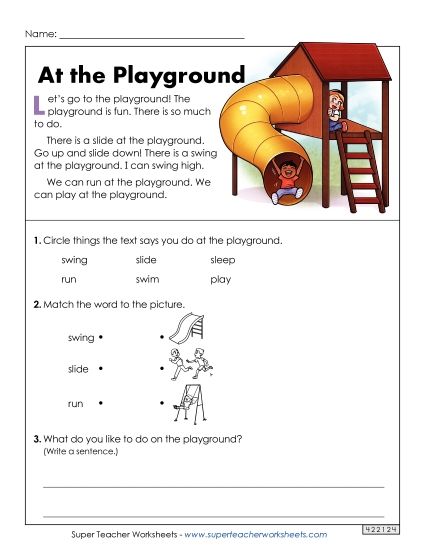 Short Passages - At the Playground (Short Article with Questions) (Printable PDF Worksheet)