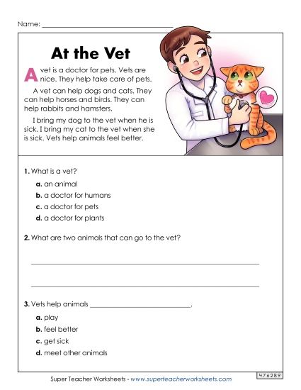 Short Passages - At the Vet (Short Reading with Questions) (Printable PDF Worksheet)