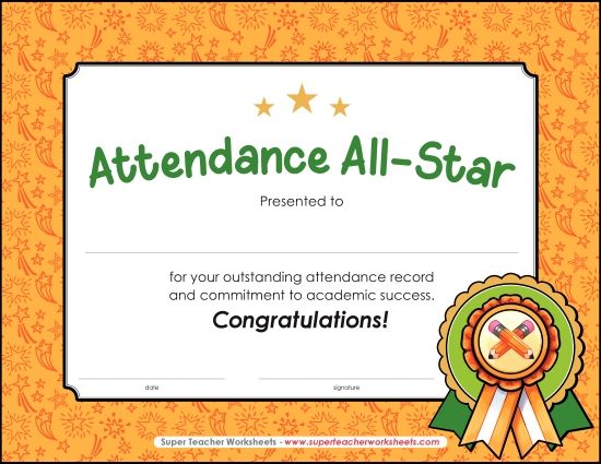More School Awards - Attendance All-Star (Printable PDF Worksheet)