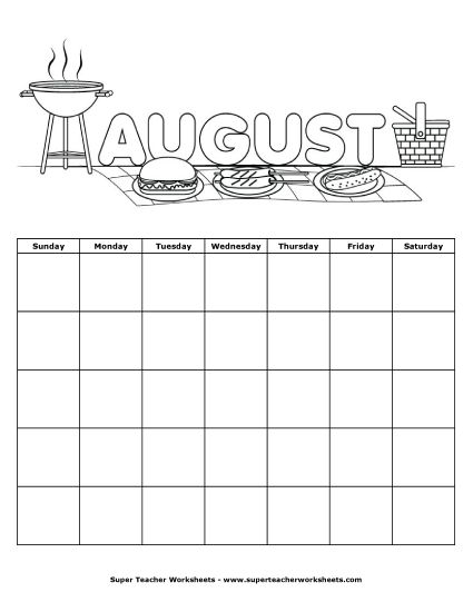 Blank Calendars for Kids - August Calendar (Blank) (Printable PDF Worksheet)