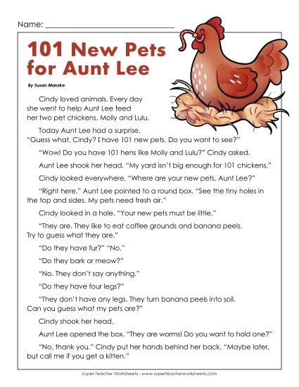 Fiction - Aunt Lee's 101 New Pets (Printable PDF Worksheet)
