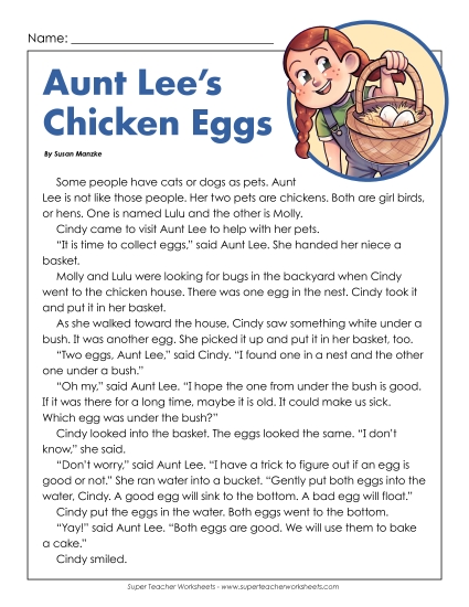 Reading Comp (Fiction) - Aunt Lee's Chicken Eggs Passage (Printable PDF Worksheet)