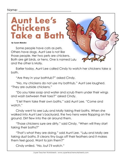 Reading Comp (Fiction) - Aunt Lee's Chickens Take a Bath  (Printable PDF Worksheet)