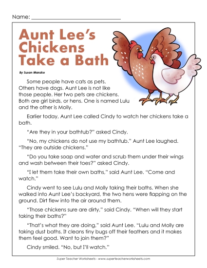 Fiction - Aunt Lee's Chickens Take a Bath (Story) (Printable PDF Worksheet)