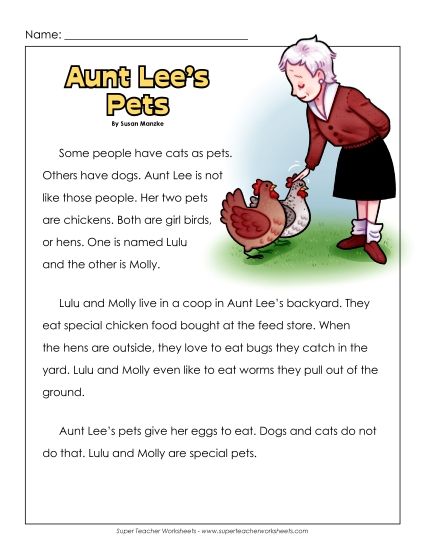 Reading Comp (Fiction) - Aunt Lee's Pets: Chickens (Printable PDF Worksheet)