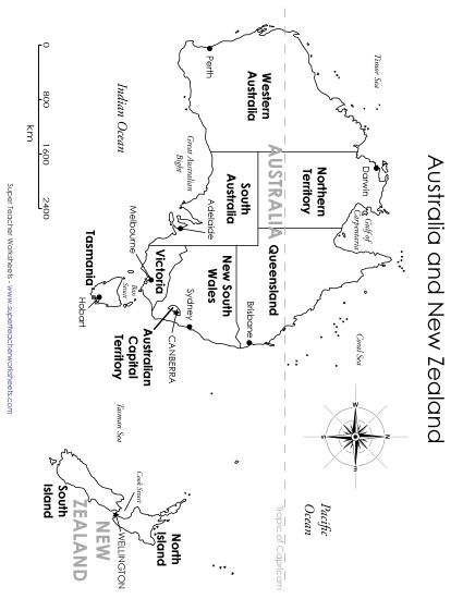 Maps of Australia - Australia & New Zealand - Capital Cities Map (Printable PDF Worksheet)