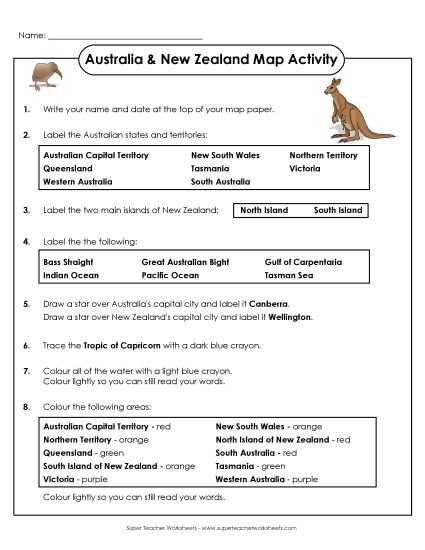 Australia & NZ Maps - Australia & NZ Map with Directions (Printable PDF Worksheet)
