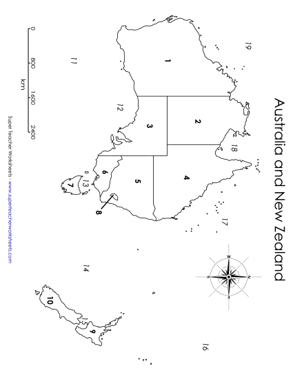 Australia & NZ Maps - Australia & NZ Map Worksheet - Numbered (Printable PDF Worksheet)