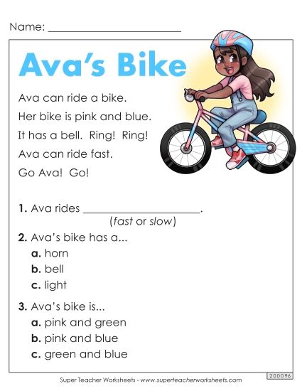 Passages with Basic Reading Comprehension Questions - Ava's Bike (Printable PDF Worksheet)