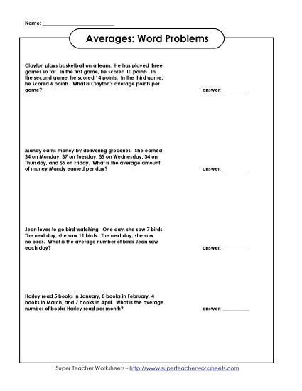 Basic Level (Basic Division Facts) - Averages: Word Problems (Printable PDF Worksheet)