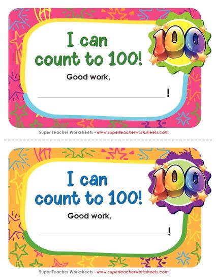 Counting: 2-Digit Numbers - Award Certificate:  I can count up to 100!  (Printable PDF Worksheet)