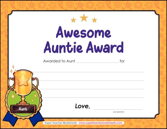 Make Gifts for Aunts - Awesome Auntie Award (Printable PDF Worksheet)