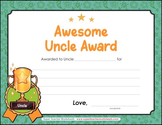 Make Gifts for Uncles - Awesome Uncle Award (Printable PDF Worksheet)