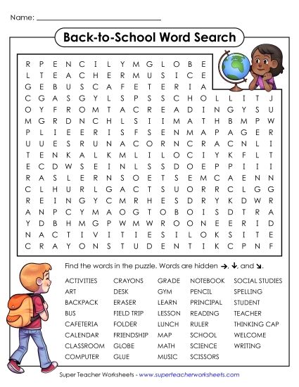 Back-to-School Puzzles - Back-to-School Word Search (Intermediate) (Printable PDF Worksheet)