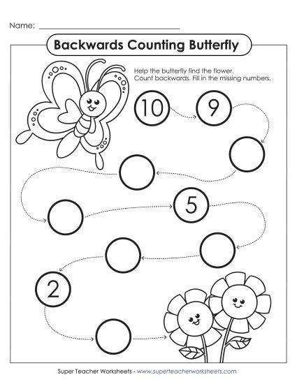 Count Back from 10 - Backwards Counting Butterfly (From 10) (Printable PDF Worksheet)