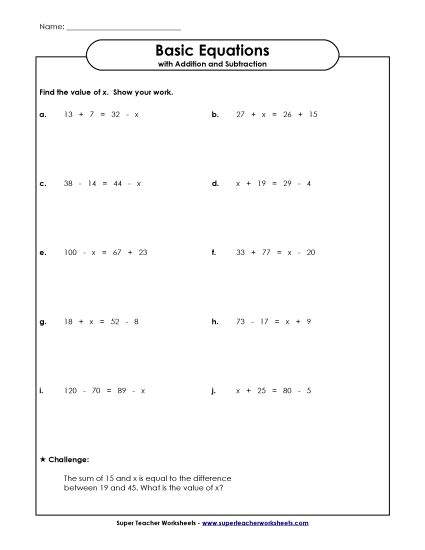 Solving for Variables Addition & Subtraction Only - Balancing Equations (Addition/Subtraction Only) (Printable PDF Worksheet)