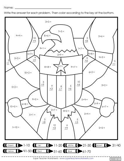 Math - Bald Eagle Mystery Picture (Multiplication) (Printable PDF Worksheet)