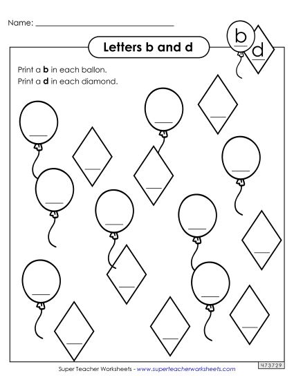 Letters b and d - Balloons and Diamonds (Printable PDF Worksheet)