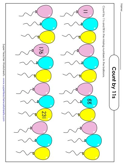 Skip Counting by 11s - Balloons - Counting By 11s (Printable PDF Worksheet)