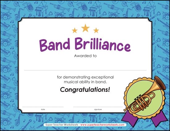 Music Awards - Band Brilliance Music Award (Printable PDF Worksheet)