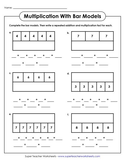 Repeated Addition w/ Bar Models - Bar Model Worksheet #2: Repeated Addition and Multiplication (Printable PDF Worksheet)