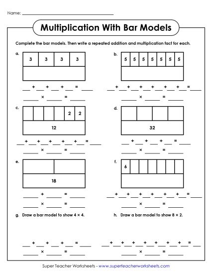 Repeated Addition w/ Bar Models - Bar Models: Repeated Addition and Multiplication (Printable PDF Worksheet)