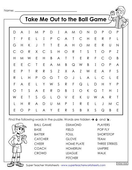 Puzzles & Crafts - Baseball Word Search (Intermediate) (Printable PDF Worksheet)