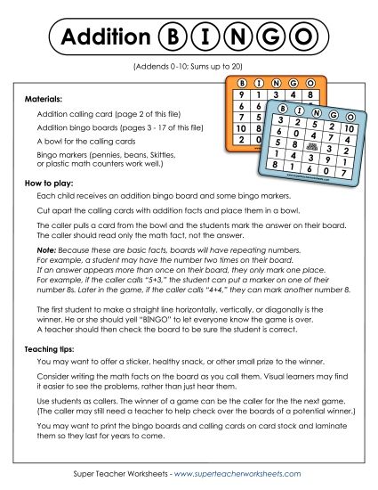 Addition Worksheets & Games - Basic Addition Bingo (Printable PDF Worksheet)