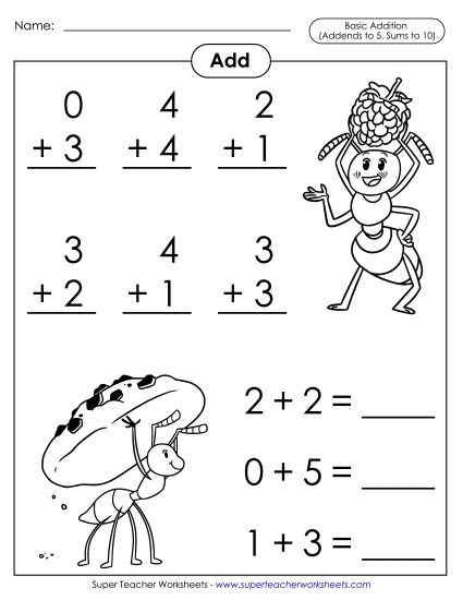 Math Fact Practice - Basic Addition Facts: Ants (Addends to 5; Sums to 10) (Printable PDF Worksheet)