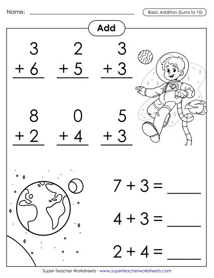 Math Fact Practice - Basic Addition Facts: Astronaut (Addends to 10; Sums to 10) (Printable PDF Worksheet)