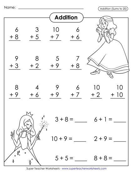 Math Fact Practice - Basic Addition Facts: Fairy Tales (Printable PDF Worksheet)